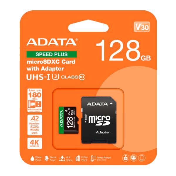 MEMORIA MICRO SDXC 128GB ADATA SPEED PLUS 180/160 MB/S COMPATIBLE CON DRONES NINTENDO 4K UD128GUI3V30A2SP-RA1